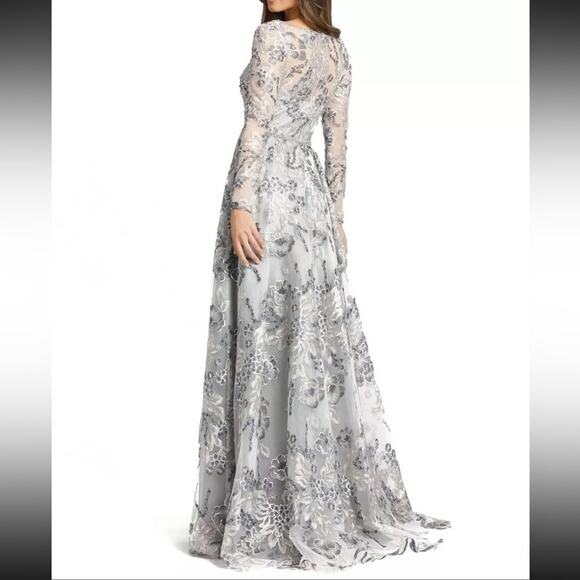 Mac Duggal 11185 Floral Long Sleeve A-Line Gown Platinum Women’s Sz 8 - Picture 6 of 13